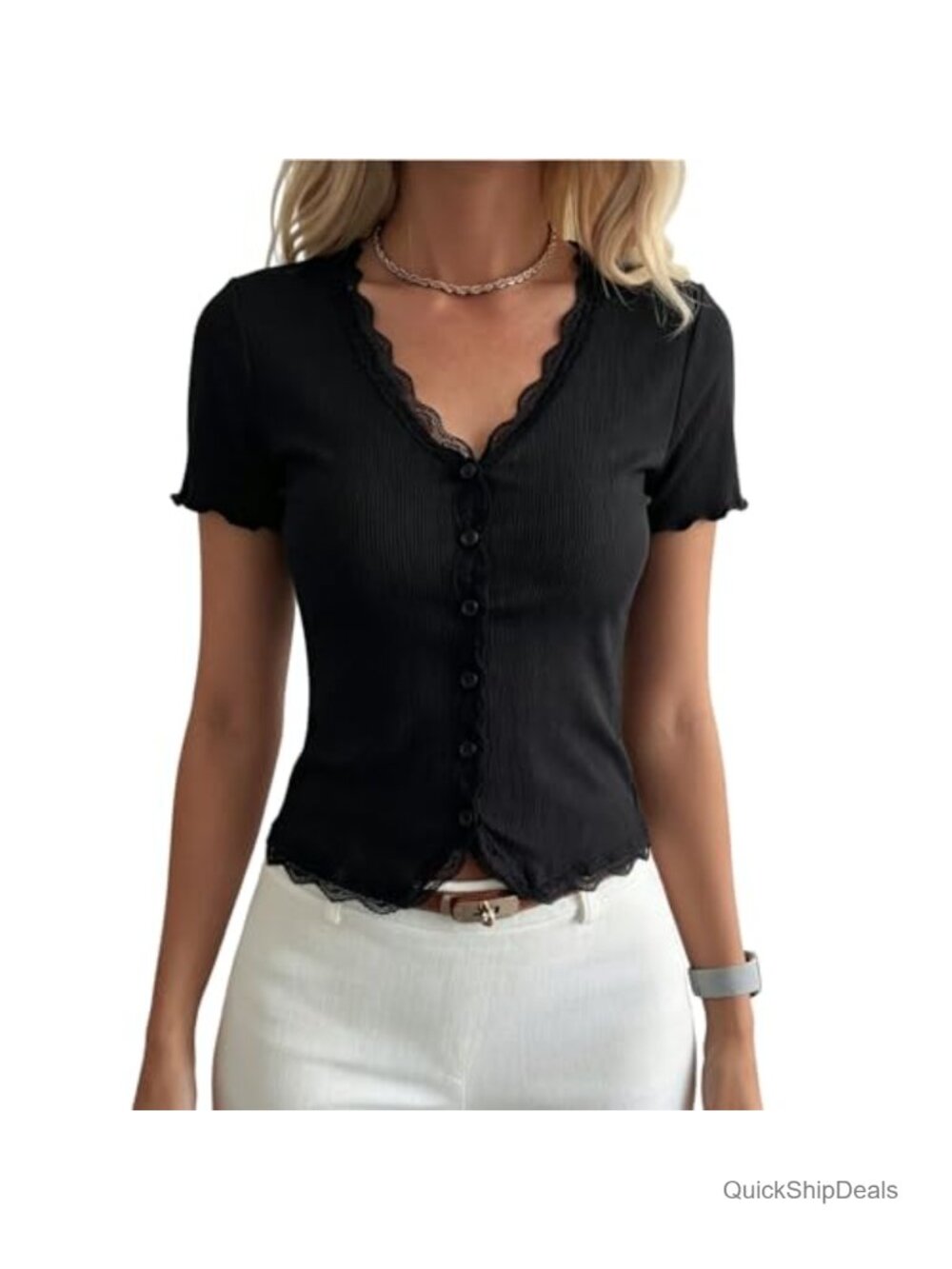 Y2K Women's Crop Top Lace Trim V Neck Button Down Tee